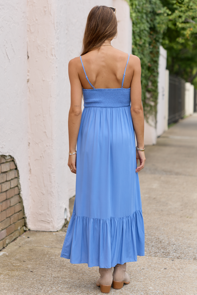 Blooming Beauty Solid Button Up Midi Dress Blue