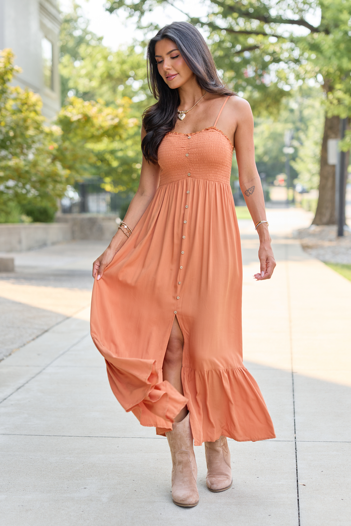 Blooming Beauty Solid Button Up Midi Dress Rust