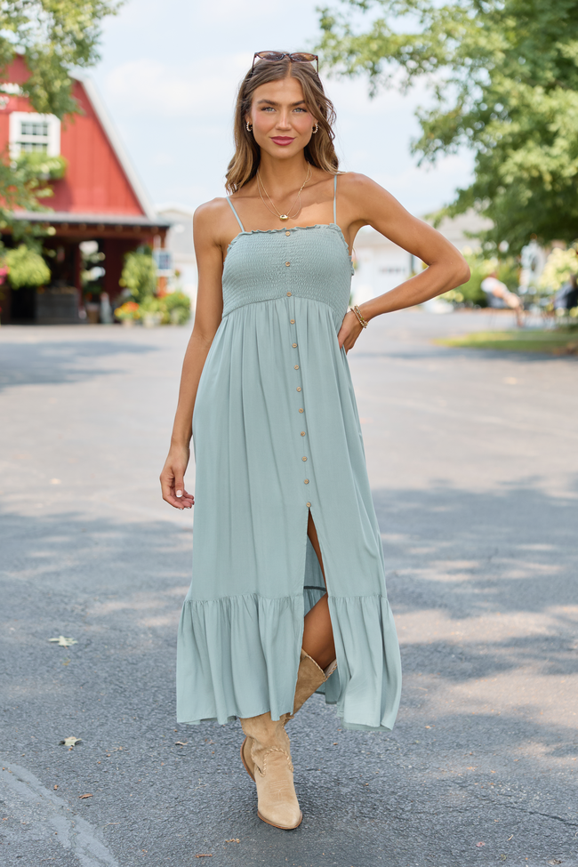 Blooming Beauty Solid Button Up Midi Dress Sage