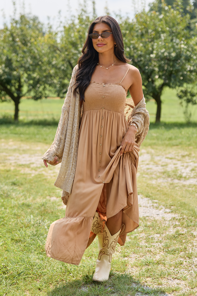 Blooming Beauty Solid Button Up Midi Dress Taupe