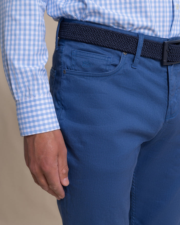 The detail view of the Southern Tide Bluewater Five Pocket Pant by Southern Tide - Nautical Blue