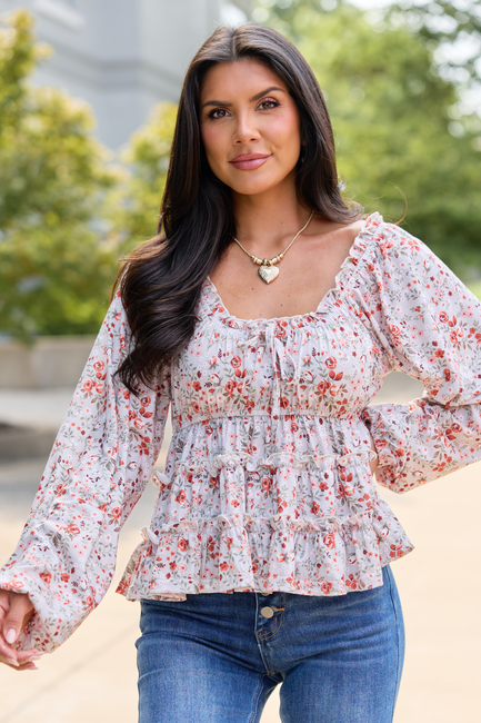 Blushing Grace Long Sleeve Floral Top Taupe
