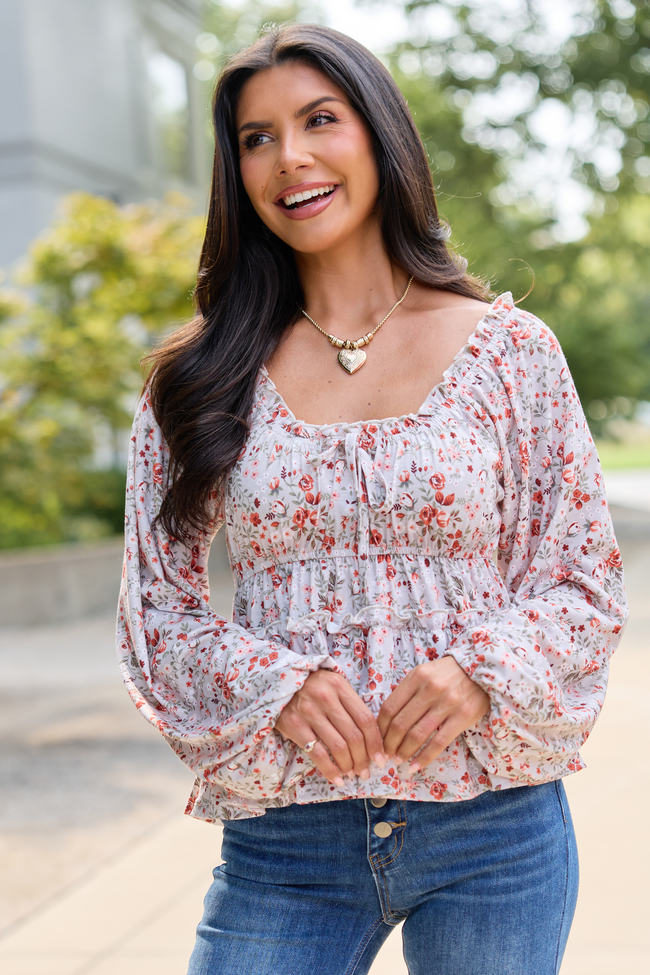 Blushing Grace Long Sleeve Floral Top Taupe
