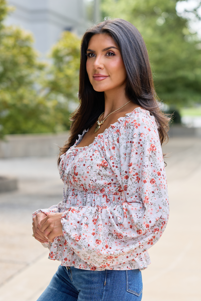 Blushing Grace Long Sleeve Floral Top Taupe