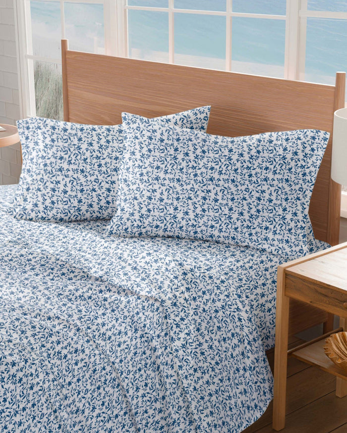 The detail view of the Southern Tide Botanical Floral Sheet Set by Southern Tide - Navy