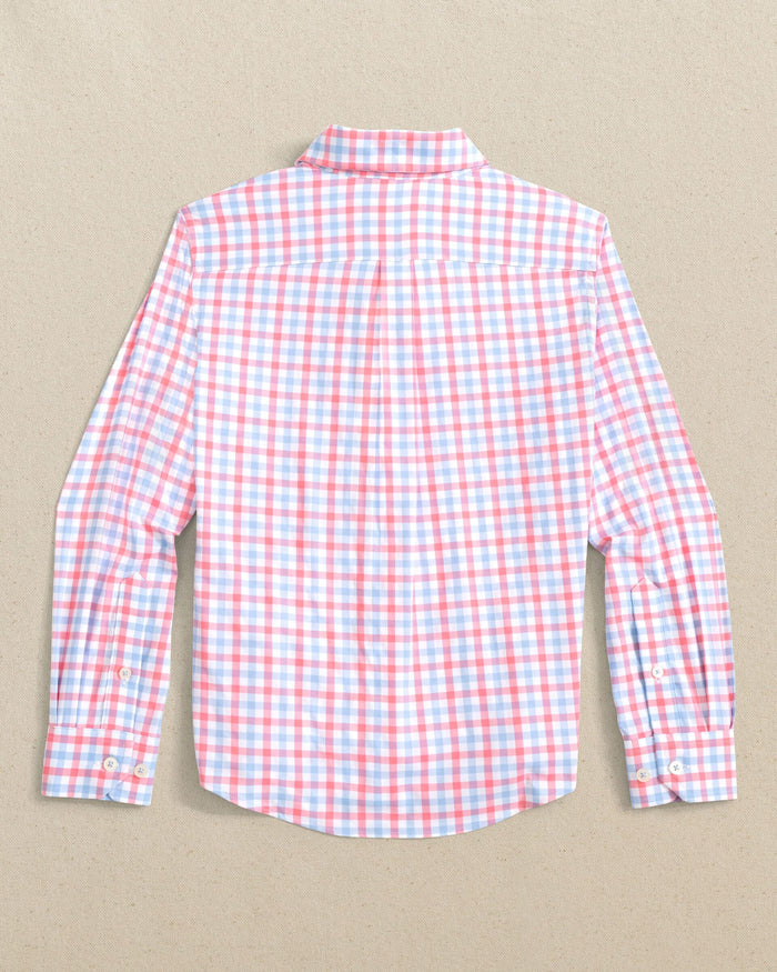 The back view of the Southern Tide Boys Albemarle Plaid Intercoastal Sport Shirt by Southern Tide - Sunkist Coral