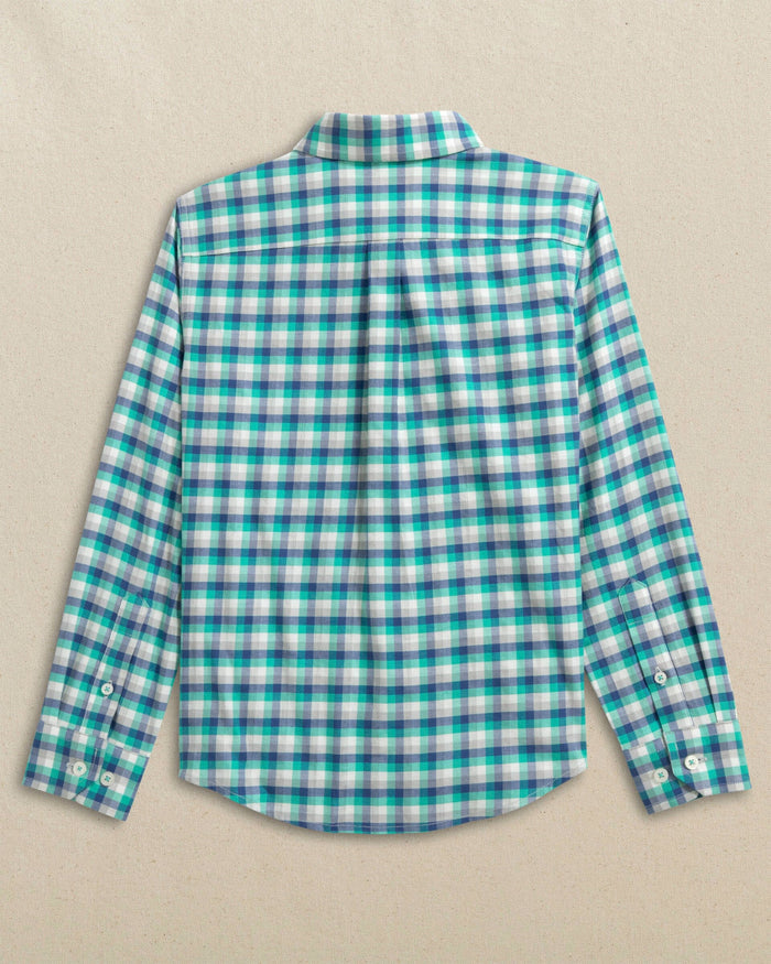 The back view of the Southern Tide Boys Diamond Cove Heather Skipjack Sport Shirt by Southern Tide - Heather Persian Green