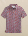 The front view of the Southern Tide Boys Driver Firecracker Printed Performance Polo by Southern Tide - Channel Marker Red
