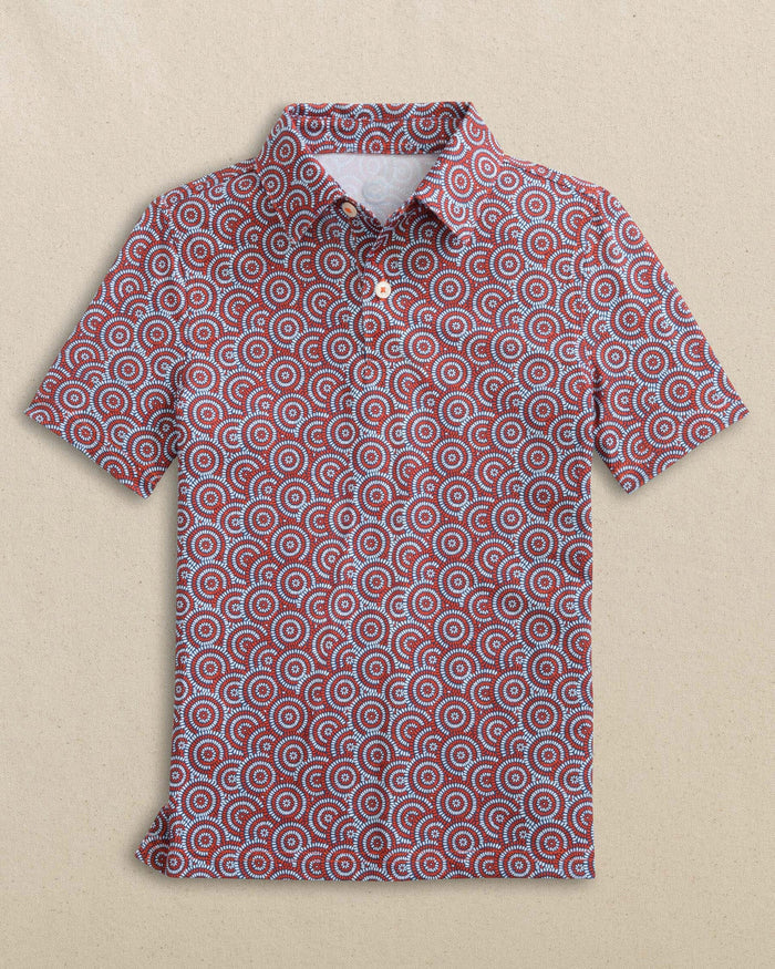 The front view of the Southern Tide Boys Driver Firecracker Printed Performance Polo by Southern Tide - Channel Marker Red