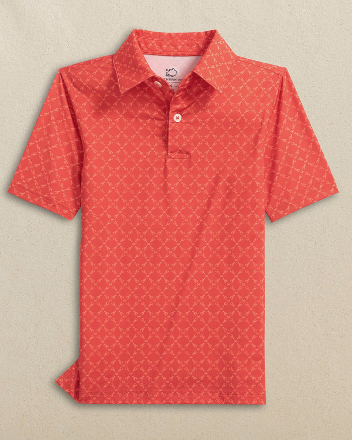 The front view of the Southern Tide Boys Driver Lobster Printed Performance Polo by Southern Tide - Burnt Sienna