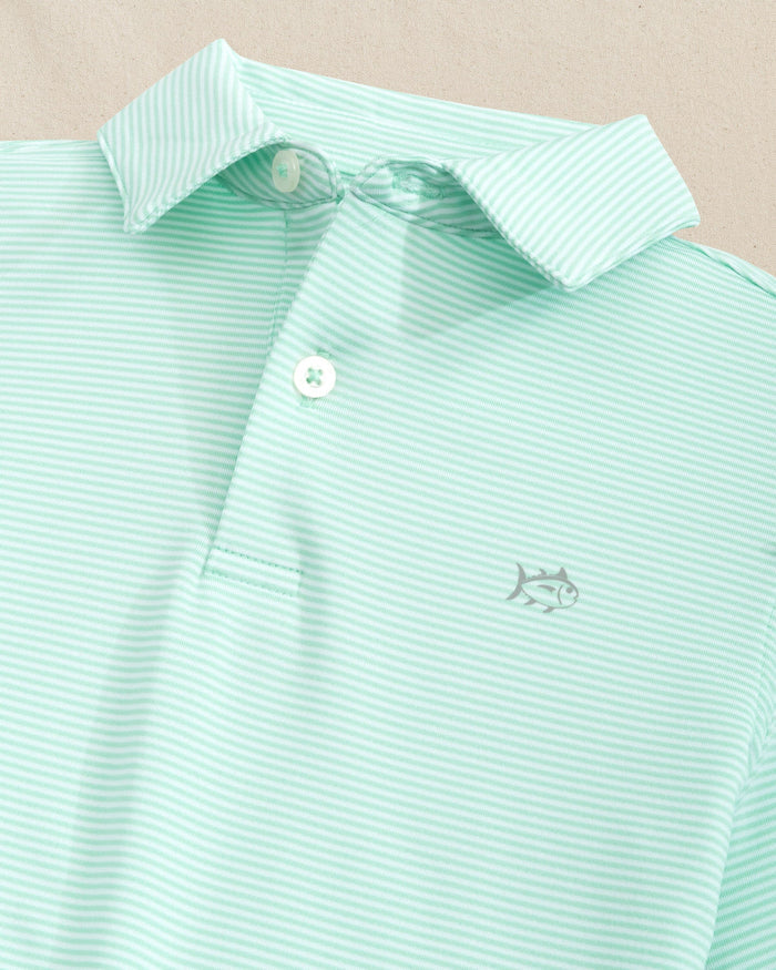 The detail view of the Southern Tide Boys Driver Meadowbrook Stripe Performance Polo by Southern Tide - Garden Grove