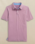 The front view of the Southern Tide Boys Driver Meadowbrook Stripe Performance Polo by Southern Tide - Coral Beach