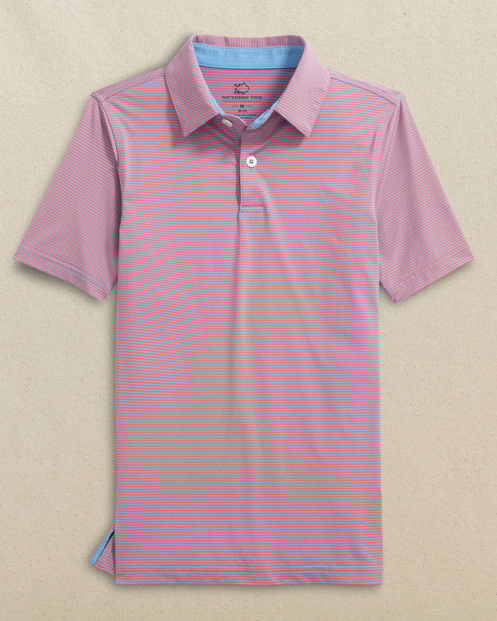 The front view of the Southern Tide Boys Driver Meadowbrook Stripe Performance Polo by Southern Tide - Coral Beach