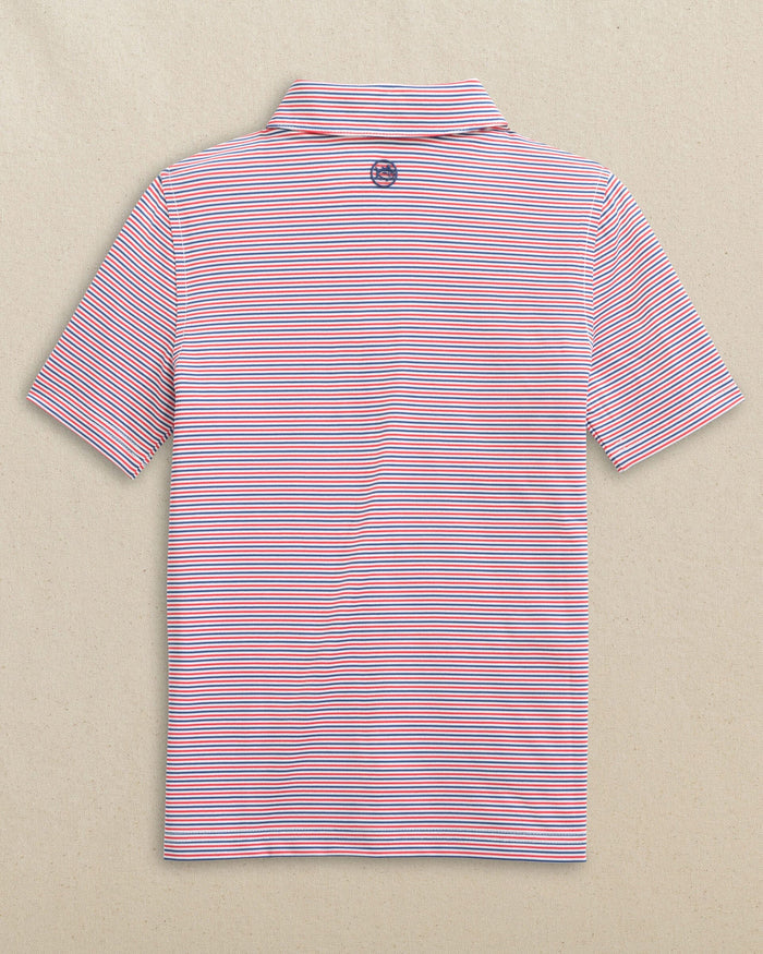 The back view of the Southern Tide Boys Driver Micro-Stripe Performance Polo by Southern Tide - Channel Marker Red