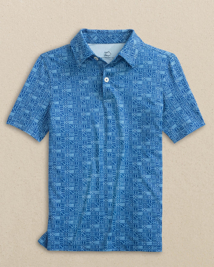 The front view of the Southern Tide Boys Driver Nautical Flags Printed Performance Polo by Southern Tide - Nautical Blue