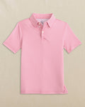 The front view of the Southern Tide Boys Driver Ocean Vista Printed Performance Polo by Southern Tide - Island Pink