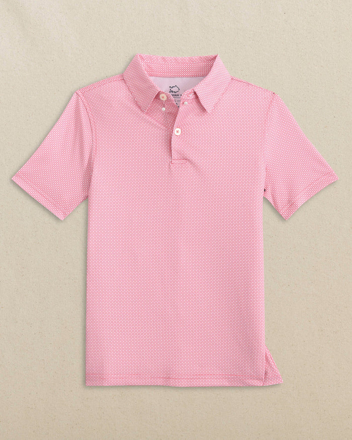 The front view of the Southern Tide Boys Driver Ocean Vista Printed Performance Polo by Southern Tide - Island Pink