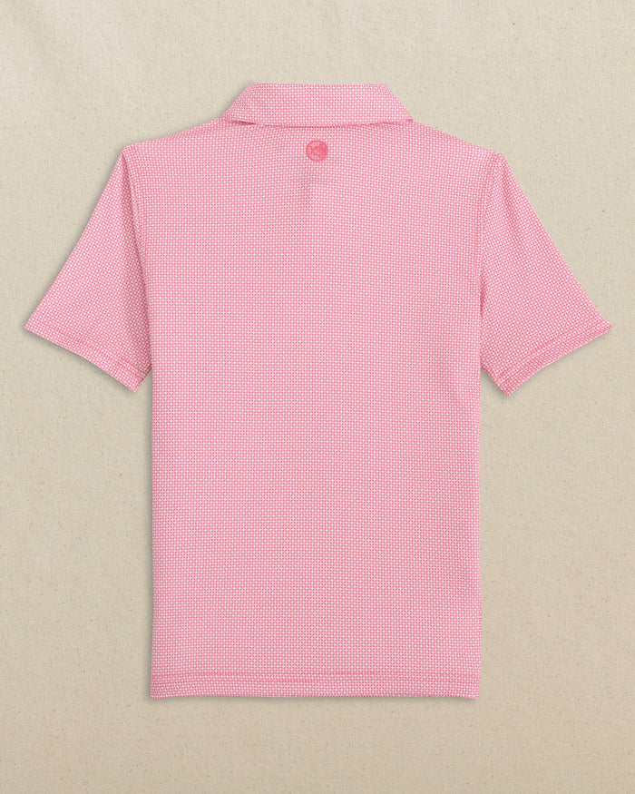 The back view of the Southern Tide Boys Driver Ocean Vista Printed Performance Polo by Southern Tide - Island Pink