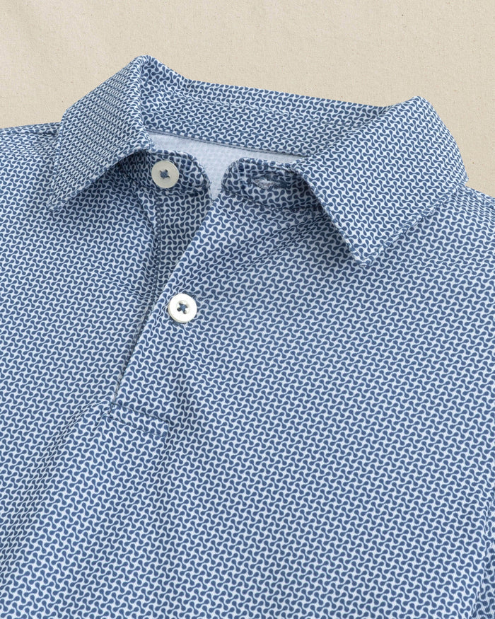 The detail view of the Southern Tide Boys Driver Ocean Vista Printed Performance Polo by Southern Tide - Nautical Blue