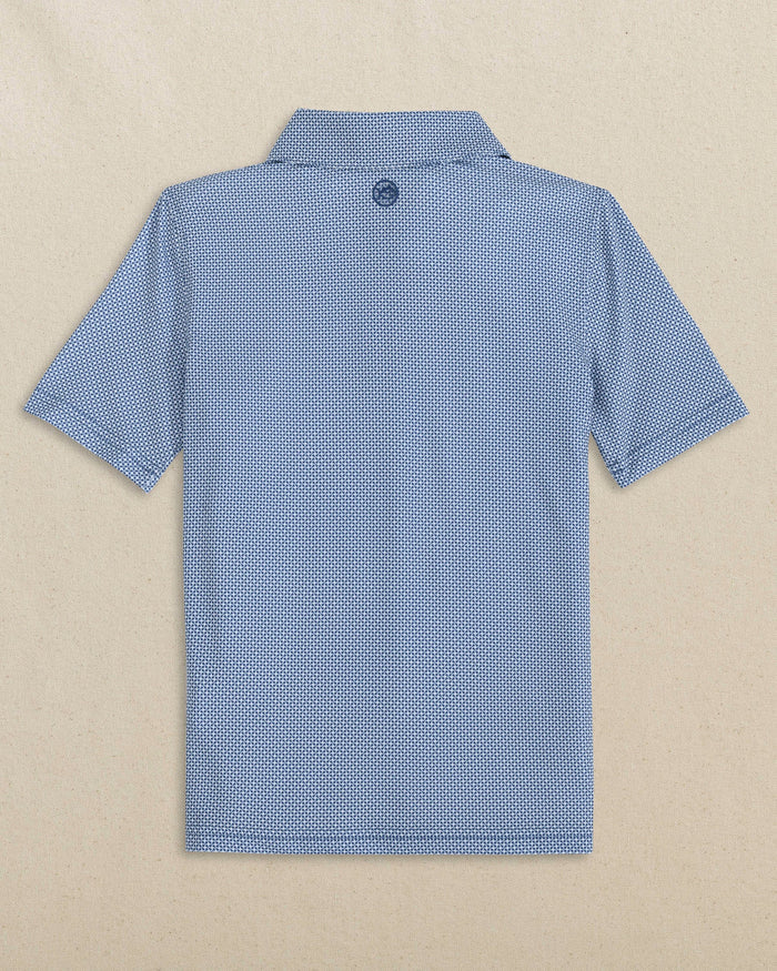 The back view of the Southern Tide Boys Driver Ocean Vista Printed Performance Polo by Southern Tide - Nautical Blue