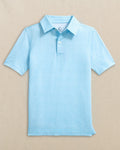 The front view of the Southern Tide Boys Driver Paradise Shores Printed Performance Polo by Southern Tide - Tropical Breeze Blue