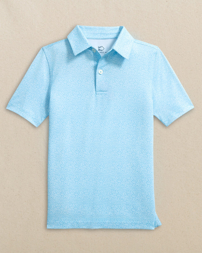The front view of the Southern Tide Boys Driver Paradise Shores Printed Performance Polo by Southern Tide - Tropical Breeze Blue