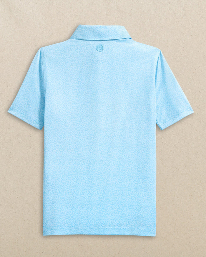 The back view of the Southern Tide Boys Driver Paradise Shores Printed Performance Polo by Southern Tide - Tropical Breeze Blue