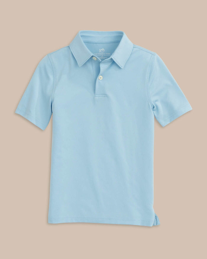 The front view of the Boys Driver Performance Polo Shirt by Southern Tide - Sky Blue