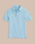 The front view of the Boys Driver Performance Polo Shirt by Southern Tide - Sky Blue