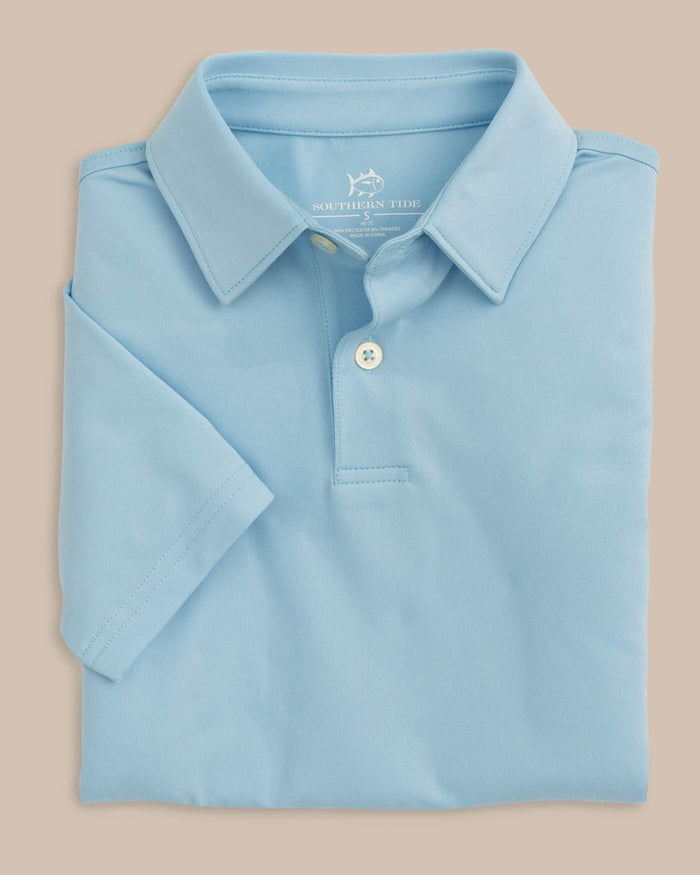 The folded view of the Boys Driver Performance Polo Shirt by Southern Tide - Sky Blue