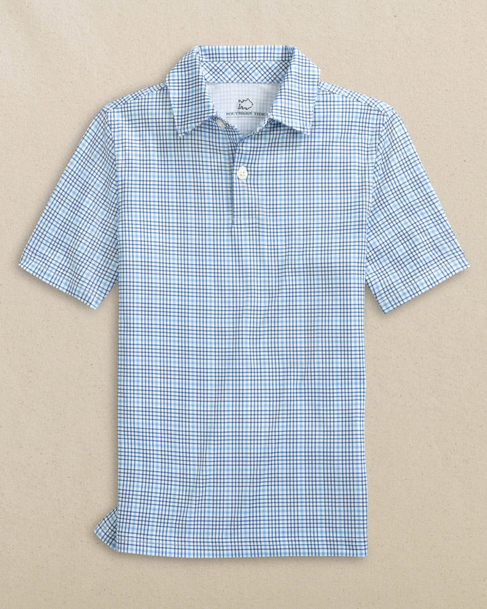 The front view of the Southern Tide Boys Driver Plaid Performance Polo by Southern Tide - Ocean Channel