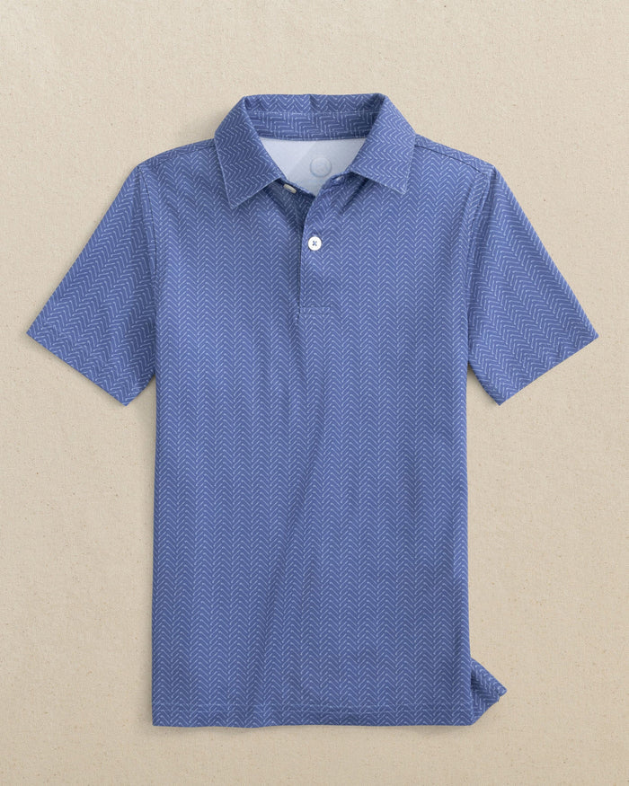 The detail view of the Southern Tide Boys Driver Raise The Par Printed Performance Polo by Southern Tide - Nautical Blue
