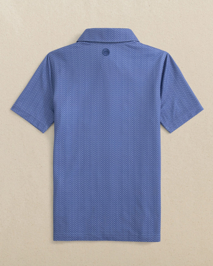 The back view of the Southern Tide Boys Driver Raise The Par Printed Performance Polo by Southern Tide - Nautical Blue