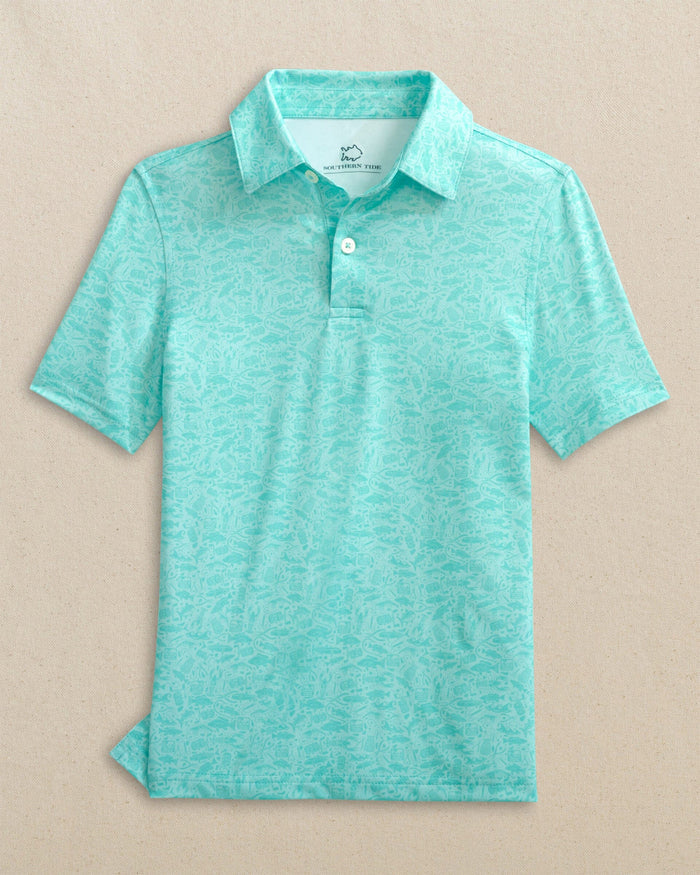 The front view of the Southern Tide Boys Driver Seawatch Printed Performance Polo by Southern Tide - Shore Blue