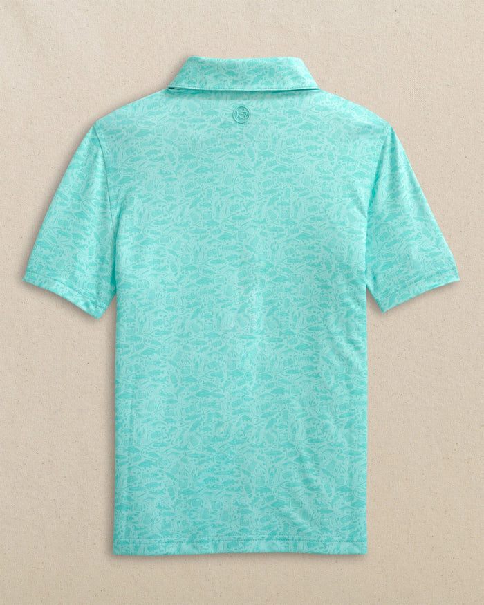 The back view of the Southern Tide Boys Driver Seawatch Printed Performance Polo by Southern Tide - Shore Blue