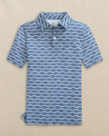The front view of the Southern Tide Boys Driver Waves Printed Performance Polo by Southern Tide - Nautical Blue