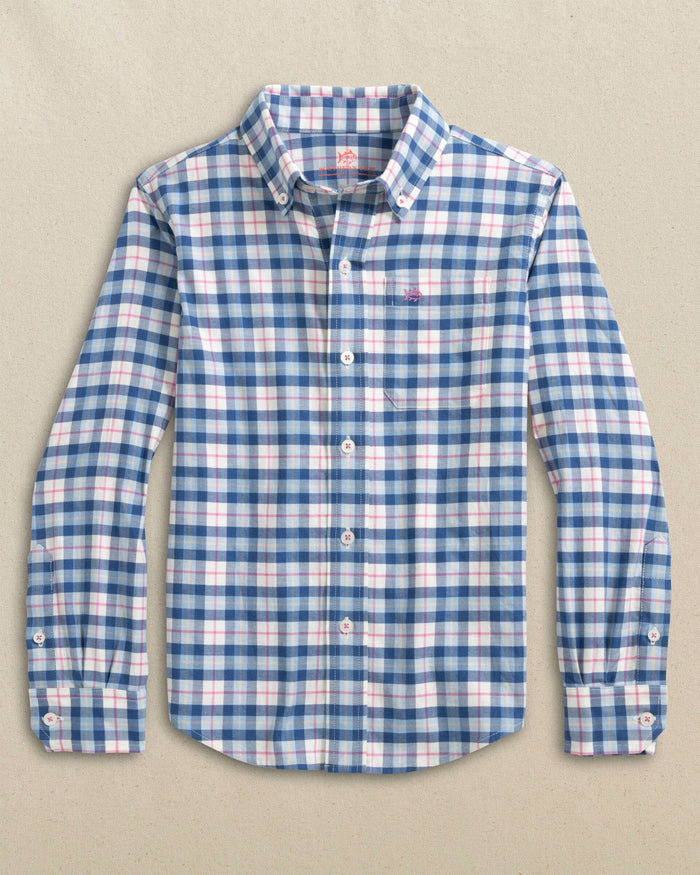 The front view of the Southern Tide Boys Forsyth Park Skipjack Sport Shirt by Southern Tide - Nautical Blue