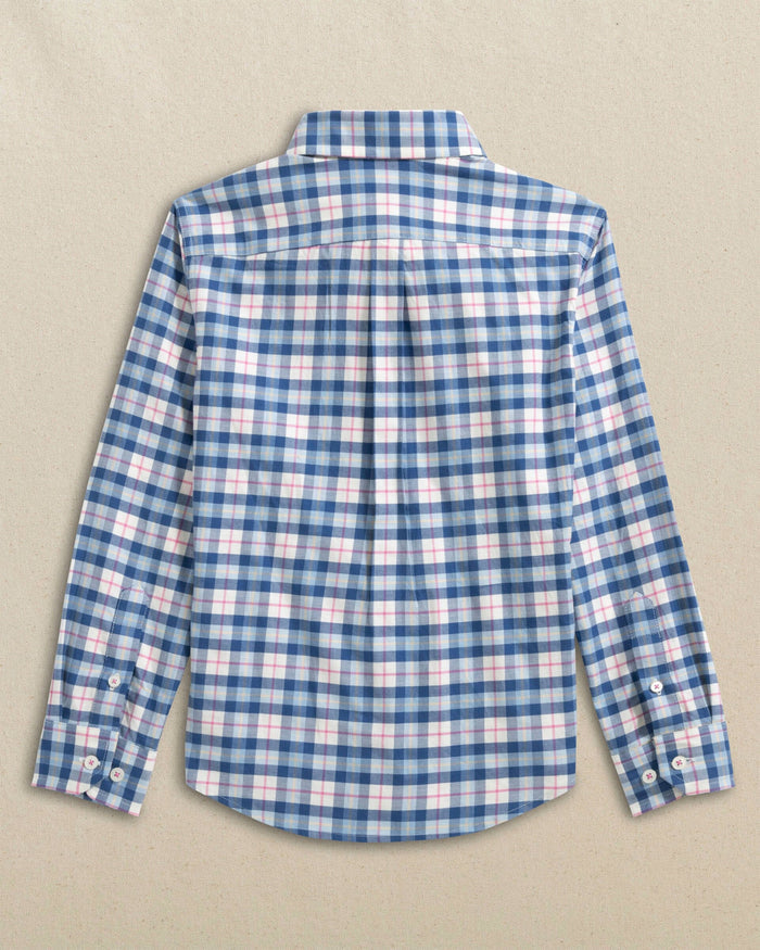 The back view of the Southern Tide Boys Forsyth Park Skipjack Sport Shirt by Southern Tide - Nautical Blue