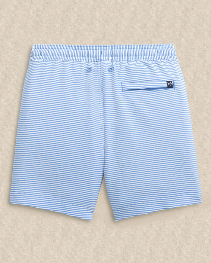 The back view of the Southern Tide Boys Gulf Haven Seersucker Stripe Maritime Swim Trunk by Southern Tide - Blue Stream