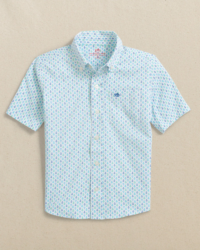 The front view of the Southern Tide Boys Intercoastal Anchors Away Short Sleeve Sport Shirt by Southern Tide - Dazzling Blue