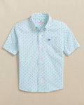 The front view of the Southern Tide Boys Intercoastal Anchors Away Short Sleeve Sport Shirt by Southern Tide - Dazzling Blue