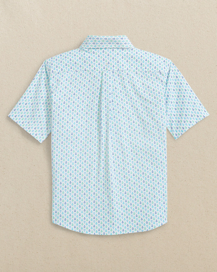 The back view of the Southern Tide Boys Intercoastal Anchors Away Short Sleeve Sport Shirt by Southern Tide - Dazzling Blue