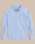 The front view of the Southern Tide Youth Bengal Stripe Intercoastal Sport Shirt by Southern Tide - Cobalt Blue