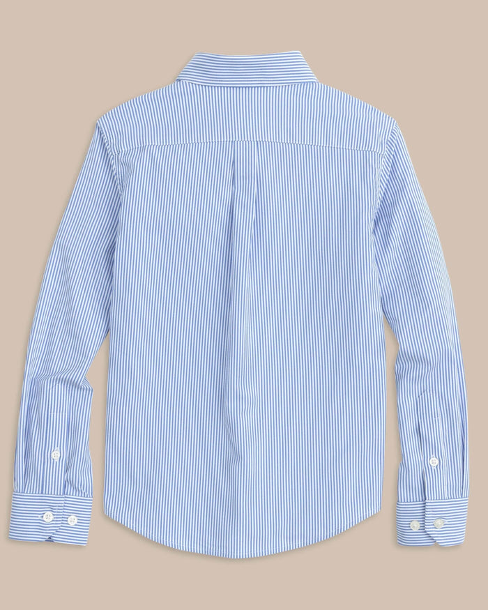 The back view of the Southern Tide Youth Bengal Stripe Intercoastal Sport Shirt by Southern Tide - Cobalt Blue