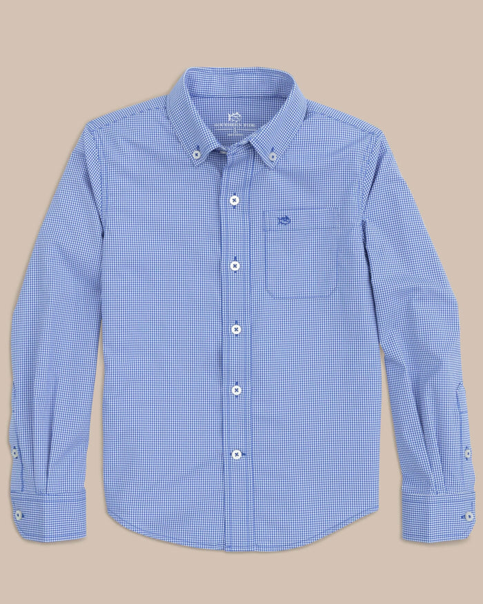 The front view of the Southern Tide Boys mini gingham intercoastal buttn down shirt by Southern Tide - Cobalt Blue