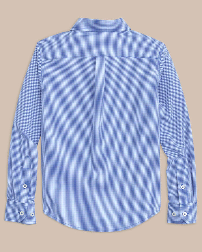 The back view of the Southern Tide Boys mini gingham intercoastal buttn down shirt by Southern Tide - Cobalt Blue
