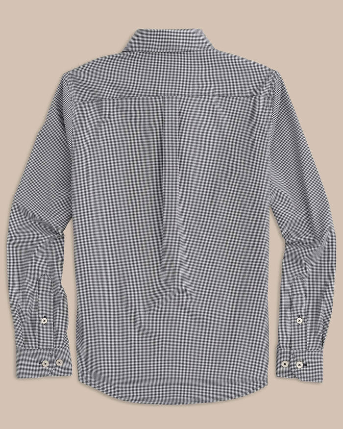 The back view of the Boys Mini Gingham Intercoastal Button Down Shirt by Southern Tide - True Navy