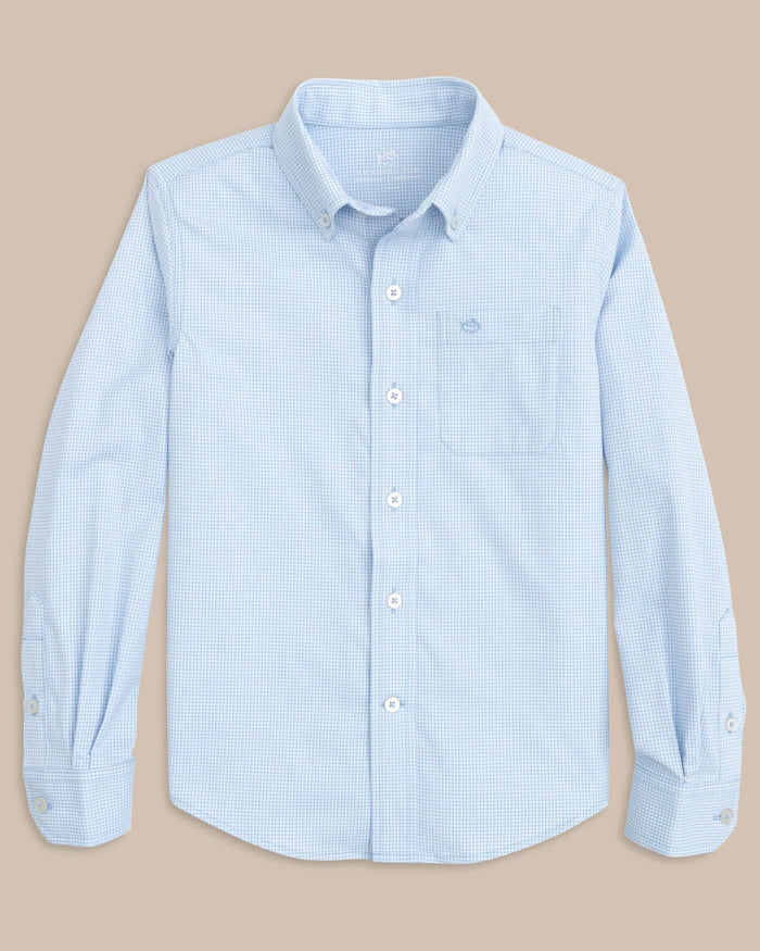 The front view of the Southern Tide Boys mini gingham intercoastal buttn down shirt by Southern Tide - Tide Blue