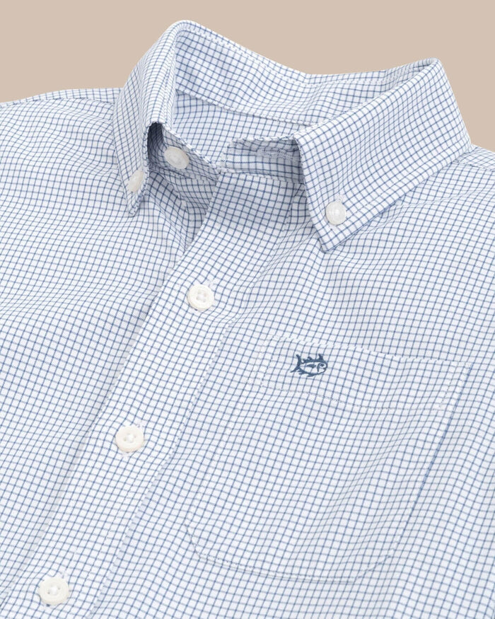 The detail view of the Southern Tide Youth Rosemont Tattersall Intercoastal Sport Shirt by Southern Tide - Seven Seas Blue