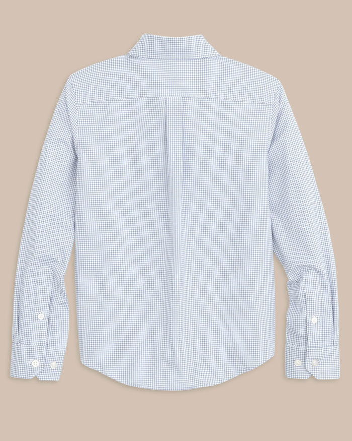 The back view of the Southern Tide Youth Rosemont Tattersall Intercoastal Sport Shirt by Southern Tide - Seven Seas Blue